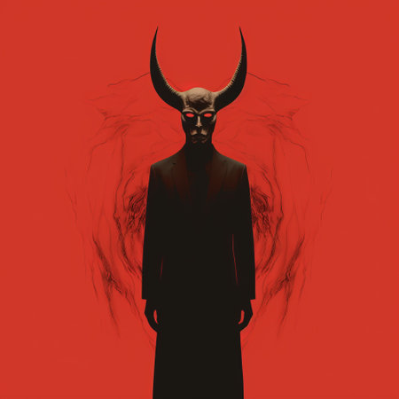 devil with horns standing on a red background, in a sci-fi noir style. the image features symmetrical figures, album cover vibes, hyperrealistic illustrations, minimalist imagery, and elements of southern gothic and dansaekhwa. ai generatedの素材