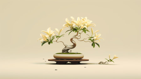 white flowers bloom in a pot alongside a bonsai tree, resembling hyperrealistic illustrations. the graceful curves of the tree evoke the artistic style of the shang dynasty. this digital artwork showcases a blend of minimalism and innovation, with its light yellow and bronze hues. the realistic sculptures and innovative page design make this image truly captivating. ai generatedの素材