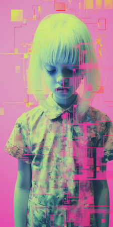 a woman with colorful hair and a green striped top is depicted in this glitch art-inspired photograph. the image captures a sense of child-like innocence through fragmented portraiture. the vibrant colors of light magenta and indigo create a futuristic victorian aesthetic, enhanced by the neon grids in the background. this photo exudes a unique blend of modern and vintage elements, reminiscent of the diana fの素材