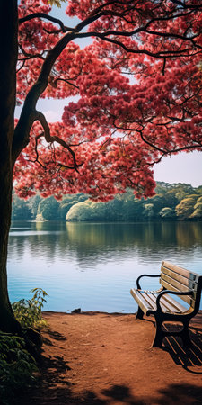 red tree and bench in a park with a lake. this desktop stock photo showcases a serene scene with a japanese-inspired imagery. the image, captured with a hasselblad h6d-400c, features flower and nature motifs in a digitally enhanced style. the colors of light pink and dark aquamarine create a photorealistic representation in this high-definition (hd) and ultra-high-definition (uhd) image. ai generatedの素材