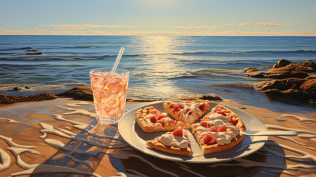 a light blue pizza plate is showcased in this photo, placed at the waters edge. two slices of pizza are beautifully arranged on the plate. the style of the image is reminiscent of steve henderson's detailed hyperrealism, with light white and light red hues. the background features light-filled seascapes, creating a serene atmosphere. the composition follows a grid-based structure, while the vibrant cranberrycore adds aの素材