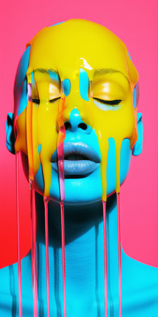 a woman covered in blue and yellow paint, showcasing a hyper-realistic pop art style. the neon color palette creates a vibrant and eye-catching effect, with the paint dripping and forming bright sculptures. the detailed facial features are created using zbrush, enhancing the overall realism. the saturated color palette adds to the dynamic and energetic feel of the artwork. ai generatedの素材