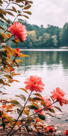 a large view shot of a serene lake surrounded by intricate foliage and vibrant red flowers. the photo captures the snapshot aesthetic with its light pink and light cyan tones, complemented by hints of light orange and red. the calm waters reflect the beauty of the scene, while the selective focus adds depth to the composition. shot on fujifilm pro 400h film. ai generatedの素材