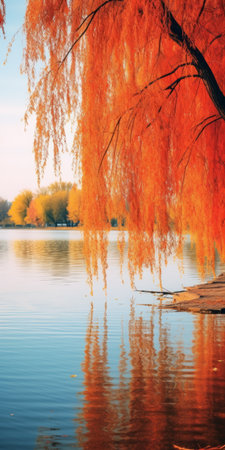 a vibrant autumn scene featuring a tree adorned with orange hues stands gracefully by a serene lake. the image captures the essence of chinese cultural themes with its lo-fi aesthetics, showcasing a delightful blend of light yellow and light crimson tones. the 8k resolution enhances the beauty of this dutch tradition-inspired landscape, highlighting the enchanting play of light amber and turquoise colors. ai generatedの素材