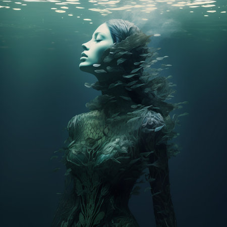 an underwater person gazes upwards, captivated by the enchanting presence of a stunning mermaid. this mesmerizing artwork, created in the style of zbrush, showcases elements of gothic surrealism and human sculptures. with its 8k resolution, the piece immerses viewers in a world where nature-inspired elements blend seamlessly with a dark indigo and light green color palette. it's a unique fusion of metropolis and nature, offeringの素材