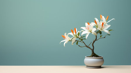 a white lily in a pot, showcased against a minimalist background with a japanese-inspired landscape. the image features a light emerald and orange color palette, capturing the delicate beauty of the flower. with an 8k resolution, the photo highlights the intricate details of the lily and its surroundings. the overall aesthetic is enhanced by the presence of delicate sculptures, complemented by a harmonious combination ofの素材
