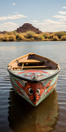 a vibrant photograph showcasing a white boat floating on the green waters, under a clear blue sky. the image is enhanced with hand-painted details in light orange and dark brown, featuring african patterns and graffiti folklore. captured with a nikon d850, this nature-inspired imagery is a colorful feast for the eyes. ai generatedの素材