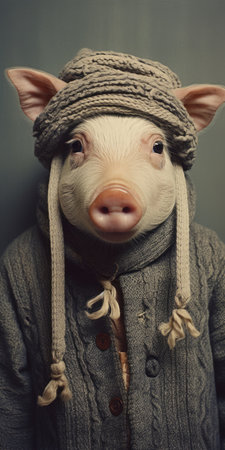 a surreal fashion photography image featuring a pig with emotive facial expressions. the dark gray and beige tones create a soft-focus portrait. the pig is adorned with knitted and crocheted accessories, adding charming character illustrations to the image. captured using a ricoh gr iii camera. ai generatedの素材