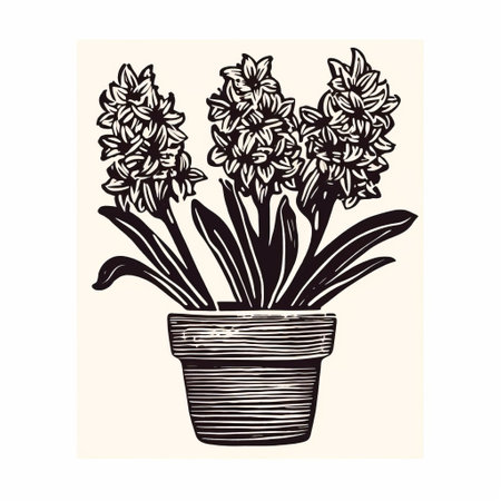 a hyacinth linocut woodcut print featuring thick black outlines, showcased against a clean white background. this captivating artwork beautifully captures the essence of a hyacinth flower. ai generatedの素材