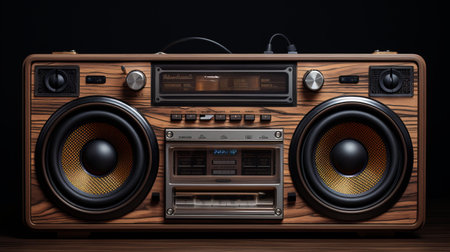 an old boombox, with a speaker, is placed on a dark table. this realistic and hyper-detailed rendering showcases the exquisite craftsmanship of the boombox, highlighting the varying wood grains. the image, captured in uhd, embodies the forestpunk aesthetic and is available on flickr. it also resonates with the hallyu trend. ai generatedの素材
