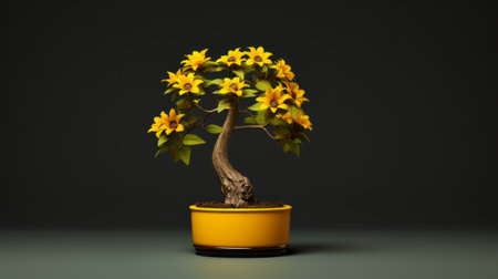a yellow flowering potted bonsai plant, created using digital manipulation techniques such as zbrush, stands out against a black background. this eco-friendly craftsmanship showcases a precisionist approach, with the use of bright colors and solarization adding a unique touch to the image. ai generatedの素材