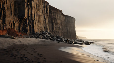 black rocks and black sand adorn the edge of the cliff, illuminated by a golden light reminiscent of dutch landscapes. this national geographic photo captures a post-apocalyptic landscape with a beige color palette and a monumental scale, evoking a sense of adventurecore. ai generatedの素材
