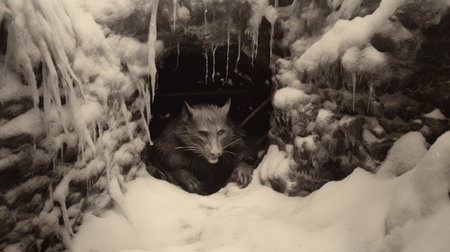 wolf peering from snowy cave, captured in contemporary vintage style. reminiscent of great depression era, with hints of imaginative prison scenes. evokes historical imagery from 1860-1969. resonates with found object installations and furry art. ai generatedの素材