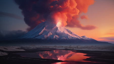 snow falling on top of a mountain, captured in the artistic styles of jessica rossier, victor moscoso, mark henson, prehistoricore, dark crimson, and silver. this breathtaking image showcases colorful explosions of beauty. ai generatedの素材