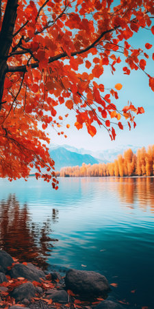 autumn leaves line the serene lake, with a striking red tree in the foreground. the photo captures the essence of the season with its light orange and turquoise hues. the backdrop adds a touch of mystery, featuring sky-blue and white tones. this snapshot aesthetic showcases the vibrant colors of the woodcarvings, creating a captivating scene. it is a perfect example of documentary travel photography, reminiscentの素材