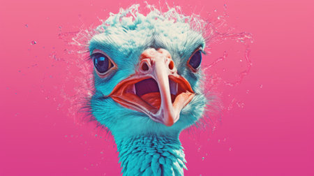an ostrich submerged in water, showcasing a unique neo-pop illustration style. the vibrant colors of light cyan and pink, along with the use of vray tracing, create a visually striking image. the focus is on the ostrich's facial expression, capturing its emotions. this celebrity photography-inspired artwork combines elements of kimoicore and redshift for a captivating visual experience. ai generatedの素材