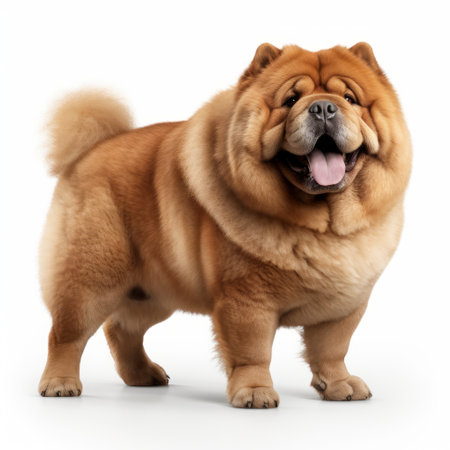 chow chow in the forest: a barking dog captured in a hyperrealistic rendering, showcasing the elegant combination of light maroon and light gold. this artwork, inspired by the shang dynasty, embodies curvaceous simplicity against a white background. with smooth surfaces reminiscent of the northern and southern dynasties, this photo beautifully captures the essence of the chow chow in a serene forest setting. ai generatedの素材