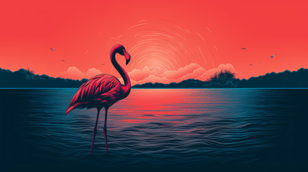 a vibrant and captivating illustration featuring a flamingo against a stunning sunset and horizon. this hyper-detailed artwork showcases bold chromaticity with dark red and dark cyan tones, creating a visually striking composition. the calm waters and colorful elements add to the overall eye-catching appeal of this unique illustration, reminiscent of bold lithographic prints. perfect for those who appreciate psychological phenomena illustrations. ai generatedの素材