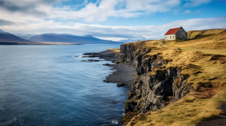 a wooden cottage on a cliff, captured with the hasselblad h6d-400c camera, showcases breathtaking views of the ocean. the image, in light blue and red tones, is presented in 32k uhd resolution. akseli gallen-kallela's signature style of capturing fantastic landscapes is evident in this high-quality photograph, taken with the ricoh gr iii. ai generatedの素材