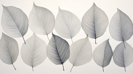black and white leaf series by mike stouderberger, featuring a realistic and detailed rendering of leaves. the series showcases the artist's use of light navy and light gray tones, creating an effect of opacity and translucency. the images are set against a white background, reminiscent of the traditional japanese printmaking technique, ssaku hanga. this uhd image captures the beauty of translucent colors in a stunningの素材