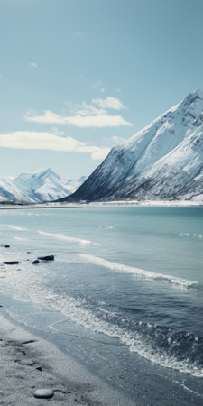 blue skies enveloping the majestic mountains, captured through the lens of a 35mm camera, reminiscent of serene seascapes and snowy landscapes. the photo showcases a tranquil scene with calm turquoise waters, exuding a 20th-century scandinavian style. shot using the sony fe 24-70mm f/2.8 gm lens, the image boasts a harmonious blend of dark beige and turquoise hues. ai generatedの素材