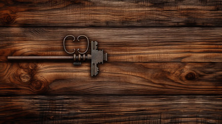 an old key rests on a rustic wooden background, reminiscent of the captivating style found in unreal engine 5. this minimalist composition, inspired by the works of charles wysocki and mark keathley, creates an eye-catching visual that would be perfect for a website or an aerial view. ai generatedの素材