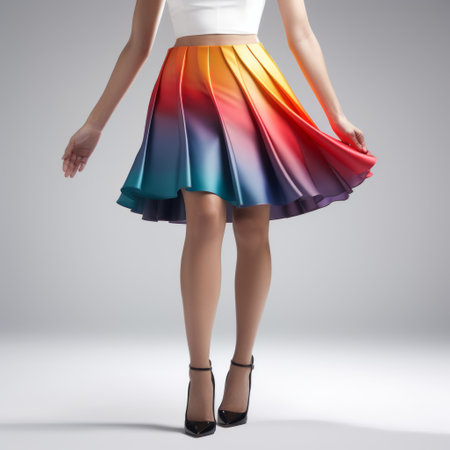 Foto de a lady poses in a skirt adorned with colorful lights, showcasing a hyperrealistic rendering style. the flowing silhouette and sleek metallic finish create a mesmerizing rainbowcore effect. this artwork, inspired by the talented artist mike campau, captivates with its smooth surface and skillful use of fabric. ai generated - Imagen libre de derechos