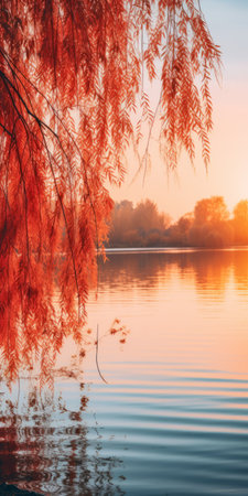 sunset sunlight reflects beautifully around a tree on a serene lake, creating a mesmerizing scene. the soft and airy compositions of light orange and crimson hues add an ethereal touch to the foliage. with selective focus, this uhd image captures the tranquil atmosphere, enhanced by the gentle shades of light turquoise and light crimson. photographed by aleksey savrasov. ai generatedの素材