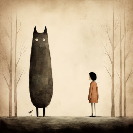 a whimsical illustration by anton semenov featuring a girl holding a balloon while a dog stands nearby. this artwork combines the atmospheric woodland imagery of richard serra with semenov's signature style of characterized animals. the gigantic scale of the illustration adds to its captivating charm. ai generatedの素材