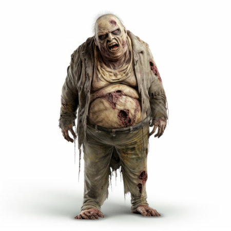a hacked character from the coe pc game, depicting a zombie in a realistic rendering style. the photo showcases the character against a white background, reminiscent of a national geographic photo. with a gigantic scale and elements of grandparentcore, the image captures attention with its curvilinear composition. this associated press photo brings the world of zombies to life. ai generatedの素材
