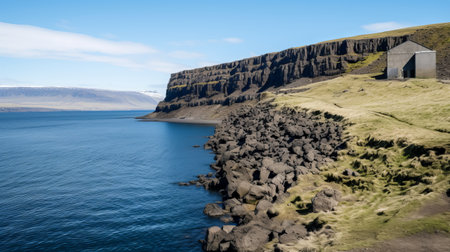 a small house on the ocean shore surrounded by blue rocks and stones, reminiscent of the style of northern and southern dynasties. this captivating photo by mehl amundsen captures the coastal scenery in a panoramic view, showcasing the beauty of emek golan. a stunning shot featured in national geographic's paleocore collection. ai generatedの素材