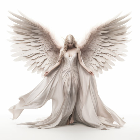 a 3d white angel portrait captured in the style of conceptual photography. this stunning image showcases mythological references and features flowing fabrics that add a sense of movement. the full body of the angel is depicted, surrounded by supernatural creatures. the pale palette enhances the ethereal atmosphere, while life-like avian illustrations add a touch of realism to this mesmerizing composition. ai generatedの素材