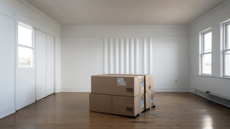 stacked wooden boxes on the floor, showcasing the photorealist style with a touch of industrial minimalism. the light gray and white color scheme complements the flowing draperies, while realistic marine paintings add a captivating touch. this high-resolution image in 8k resolution captures the essence of manapunk aesthetics. ai generatedの素材