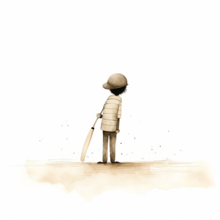 a child, wearing a helmet, holds a bat in a minimalist monochromatic landscape. the frayed, brown and beige tones add an emotive surreal touch to this character study. the art of the congo influences the soft watercolor style, capturing the child's full body in the frame. ai generatedの素材