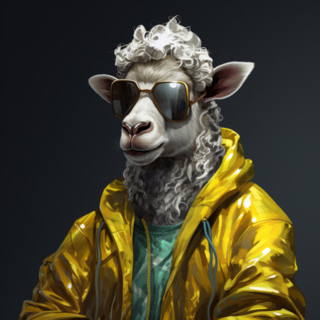 a graphic illustration of a sheep wearing sunglasses in a yellow jacket. this inventive character design, created in the style of zbrush and inspired by the works of serge marshennikov, showcases a sleek metallic finish. the studio portrait captures the sheep's unique personality, while the use of ferrania p30 adds depth and richness to the illustration. ai generatedの素材