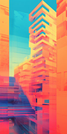 an abstract graphic featuring buildings with a sun behind them, showcasing a cross-processing style. the image is rendered in a realistic and hyper-detailed manner, with vibrant orange and magenta tones. created by antanas sutkus, the artwork incorporates glass as a material, resulting in bright color blocks reminiscent of kodak vision3 film. ai generatedの素材