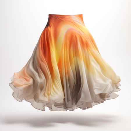 the skirt, designed by john wilhelm, showcases flowing forms and is rendered in a watercolor style with dark orange and light amber hues. the white background enhances the subdued colors of the flowing fabrics, creating an elegant and captivating look. this stunning piece is expertly crafted using cinema4d, resulting in a visually striking and artistic composition. ai generatedの素材