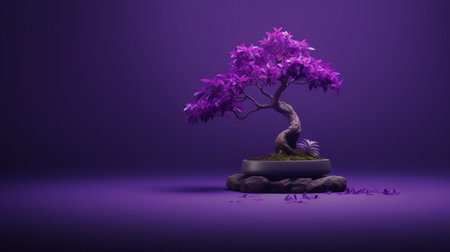 artificial bonsai tree in purple, set against a vibrant purple background. this photobashing-style composition showcases nature-inspired elements, with hints of zbrush and organic stone carvings. the monochromatic color scheme adds a minimalist touch, while the vibrant colors bring the scene to life. ai generatedの素材