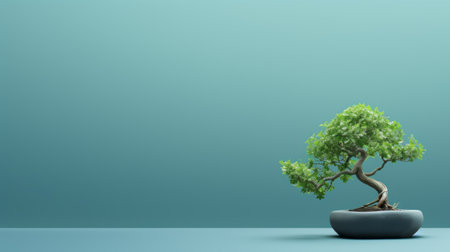 a bonsai tree sits gracefully in a ceramic pot, set against a vibrant green background. the composition showcases a blend of light teal and dark gray tones, creating a minimalist aesthetic. this captivating image, rendered using octane render, is perfect as a wallpaper. inspired by qian xuan's art, it combines elements of ray tracing and abstract minimalism, appealing to those who appreciate simplicity and beauty.の素材