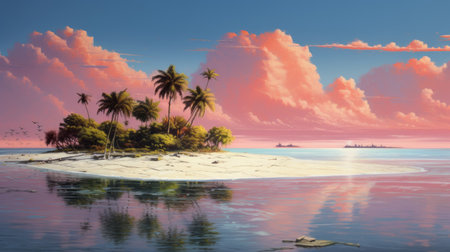 an island with palm trees and an orange sunset is depicted in this detailed hyperrealism style artwork. the colors used are dark pink and light azure, creating a visually striking composition. the painting is richly detailed, resembling genre paintings. the artwork is rendered in 8k resolution, with elements reminiscent of ps1 graphics. the image showcases reflections and captures the essence of the cloudpunk aesthetic. aiの素材