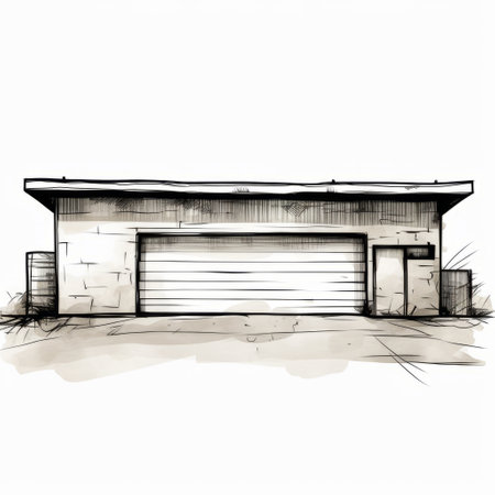 a sketch of a modern ink painting style garage door, featuring sparse backgrounds and earth tones. the minimalist illustrator's design, influenced by architects, captures the essence of en plein air painting and noir comic art. ai generatedの素材