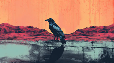 a large black bird perches on the edge of a cliff, surrounded by majestic mountains. this psychedelic graphic design, inspired by pseudo-infrared photography, showcases the unique style of martin ansin. the image is digitally enhanced, capturing the essence of urban culture exploration and nature morte. atmospheric color washes add depth and intrigue to this captivating composition. ai generatedの素材