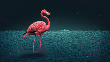 flamingo hd wallpaper featuring a mesmerizing illustration by mikal kumar. this artwork showcases otherworldly elements inspired by emek golan's style, with a captivating blend of light red and dark cyan hues. the mysterious seascapes and textured compositions create a fluid and hyper-detailed visual experience. ai generatedの素材