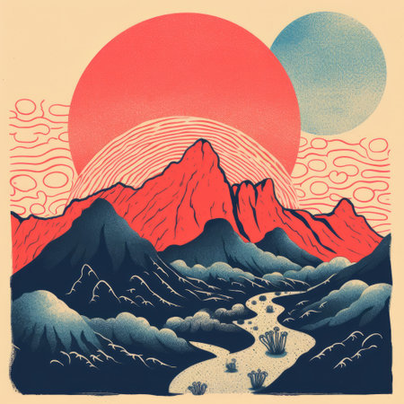 moon and mountain valley print featuring chicano-inspired, bold graphic design elements. the light red and light blue color scheme adds a unique touch. this hyper-detailed illustration showcases the beauty of the landscape, enhanced by post-processing techniques. captured using an olympus xa, the print exhibits a striking contrast between light and dark. ai generatedの素材