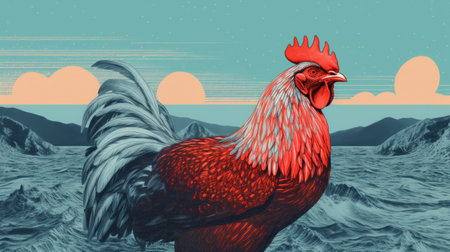 a rooster stands gracefully on a serene lake, captured in a vibrant neo-pop illustration style. the artwork showcases richly colored skies, with shades of light red and dark aquamarine. the rooster is depicted with hyper-detailed realism, resembling a lifelike portrait. this graphic design-inspired illustration is set against a lively coastal landscape. the image has a resolution of 3840x2160 pixels. ai generatedの素材