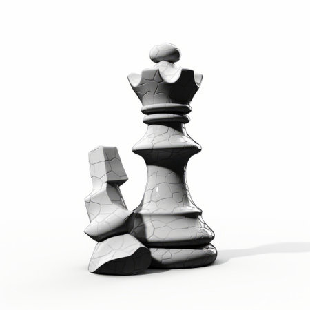 a broken chess piece and its intact counterpart are depicted in this photo. the textured surface layers give them a stone-like appearance, enhanced by ambient occlusion. the image showcases the artistic style of nacho carbonell, combining elements of matte photography, graphic illustration, and computer-aided design (cad). ai generatedの素材