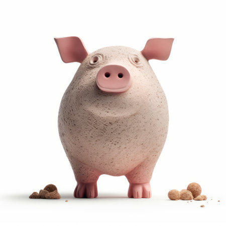 a tiny pig, rendered in cinema4d, sits atop a pile of dried, chopped walnuts. the ceramic texture adds a touch of realism to the simplistic cartoon style. the grit and grain effect enhances the overall aesthetic, creating a unique and visually appealing image. ai generatedの素材