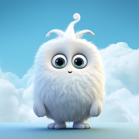a little white creature with blue eyes and a white beard is depicted in this image. the style of the artwork resembles detailed skies, playful cartoons, vray tracing, soft gradients, and the work of artist mandy disher. the image is rendered in 8k resolution, showcasing its cute and colorful nature. ai generatedの素材