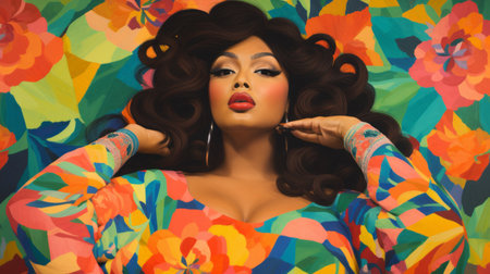 a woman posing amidst vibrant floral artwork, showcasing a pop-inspired realism style. the composition highlights feminine curves and is enhanced with a combination of light orange and dark cyan hues. the image features digital airbrushing techniques, bold colorism, and draws inspiration from chicano art. the close-up perspective adds an intimate touch to the overall aesthetic. ai generatedの素材