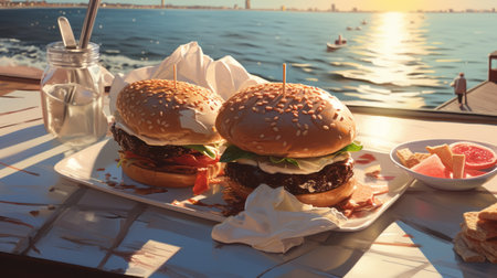 two small hamburgers are placed on a plate, positioned in front of a window on a balcony. this realistic and hyper-detailed rendering showcases maritime scenes, vray tracing, editorial illustrations, rtx on, and a caricature-like style. this commission is a visually appealing representation of delicious hamburgers in a unique setting. ai generatedの素材
